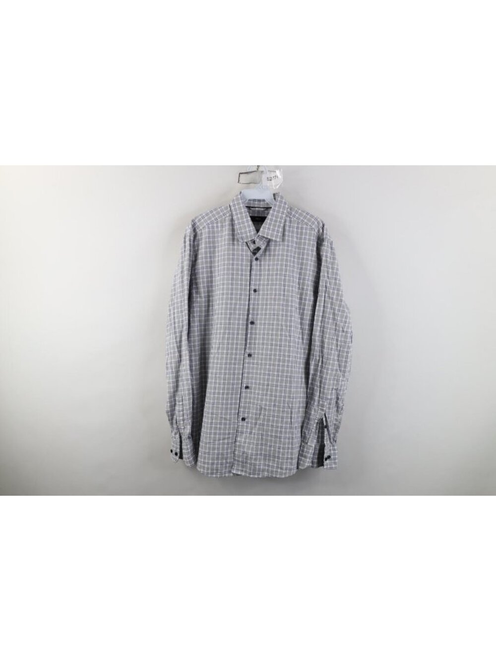 Hugo Boss Mens 16.5 Large Slim Fit Cotton Collared Button Shirt Gray Plaid